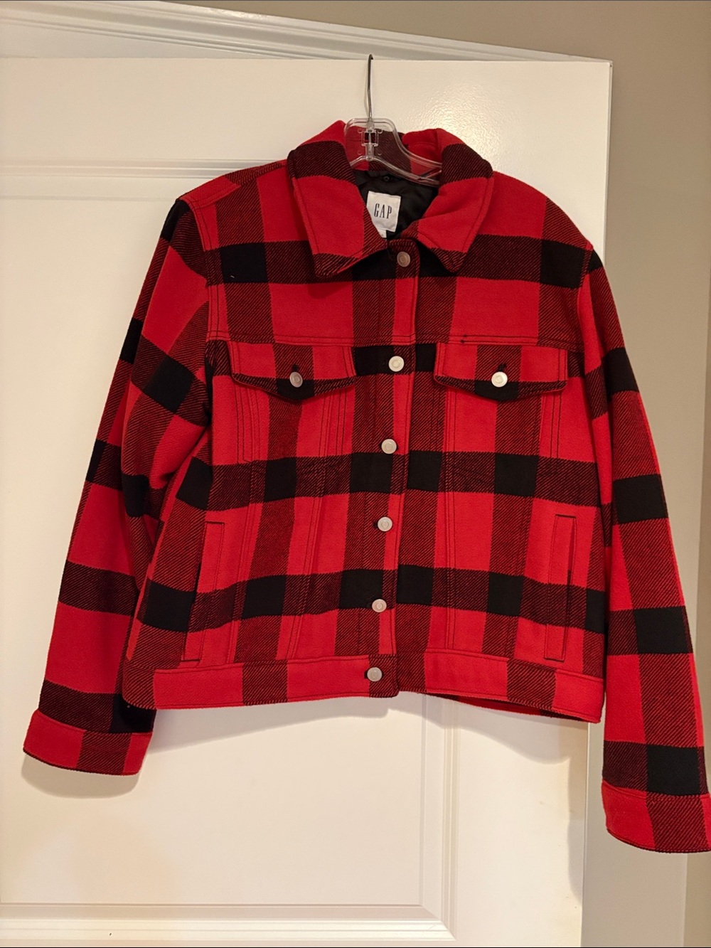 GAP Red and Black Plaid Jean Jacket
